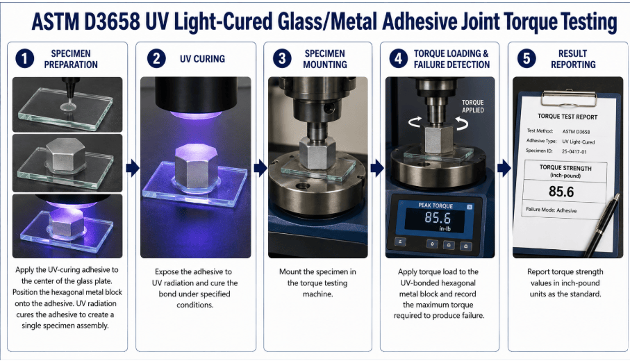  The image shows a UV-cured adhesive joint between a glass plate and a hexagonal metal block undergoing controlled torque loading in a laboratory.