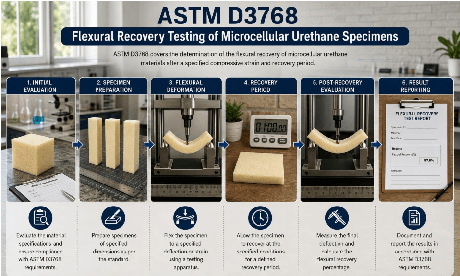 This image shows microcellular urethane specimens undergoing flexural recovery testing according to ASTM D3768. The process illustrates Initial Evaluation, Specimen Preparation, Flexural Deformation, Recovery Period, Post-Recovery Evaluation, and Result Reporting.