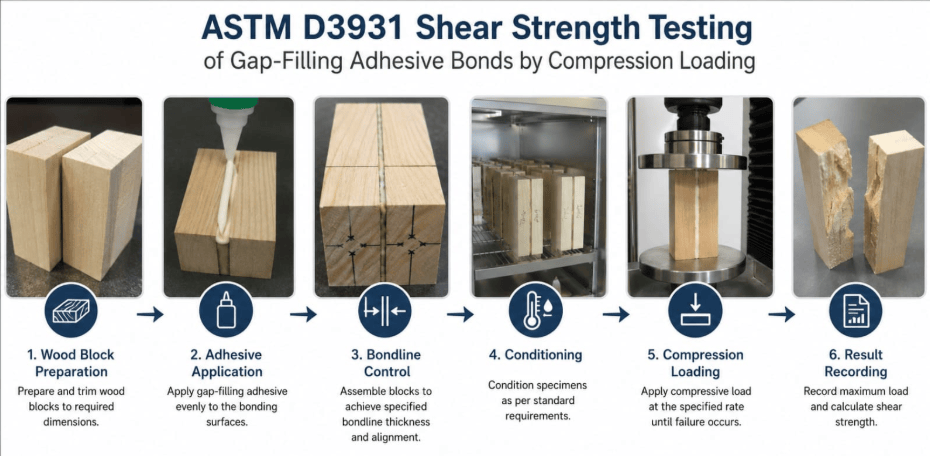 This image shows wood-to-wood adhesive specimens undergoing ASTM D3931 testing. The process illustrates Wood Block Preparation, Adhesive Application, Bondline Control, Conditioning, Compression Loading, and Result Recording.