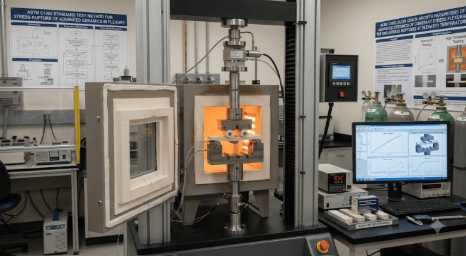 The image shows a universal testing machine evaluating the nominal joint strength of bonded end-plug joints in advanced ceramic tubes according to ASTM C1862.