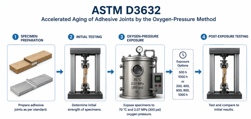 The image shows adhesive-bonded wood and metal joint specimens being prepared and tested for initial strength, exposed to 70 °C and 2.07 MPa (300 psi) oxygen pressure for accelerated aging, and tested again to compare post-exposure performance according to ASTM D3632. 