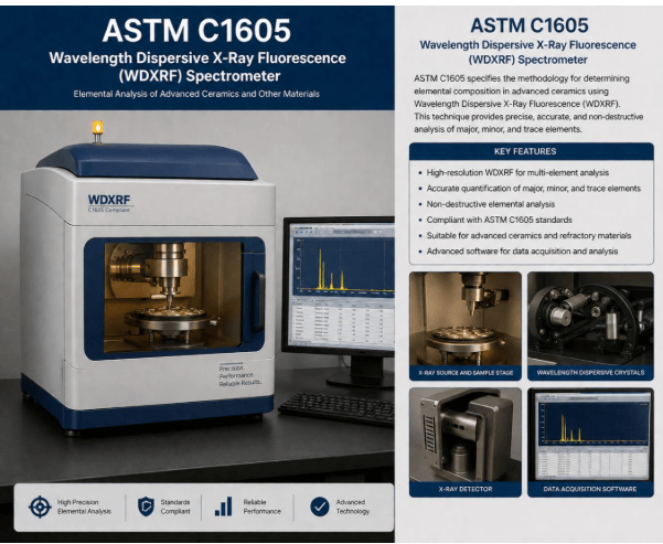 The image shows a WDXRF spectrometer performing non-destructive elemental analysis of advanced ceramic materials with high accuracy according to ASTM C1605.