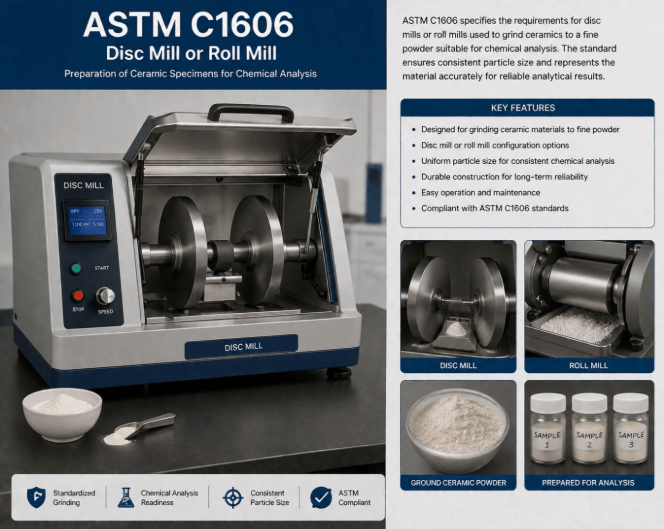 This image shows a disc mill or roll mill reducing decorated container glassware to the required particle size for sample preparation according to ASTM C1606.