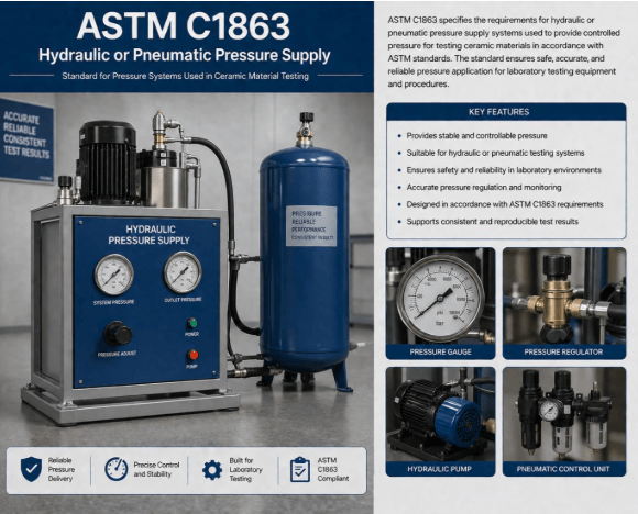 This image shows a hydraulic or pneumatic pressure supply system providing controlled pressure for laboratory testing of advanced ceramic materials as per ASTM C1863.