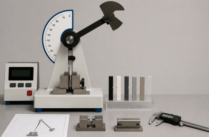 The image shows a laboratory Charpy impact testing machine to evaluate the impact toughness and ductility of plastics.