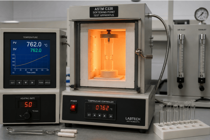 The image shows a glass specimen positioned inside a high-temperature furnace with temperature monitoring equipment for softening point determination according to ASTM C338.