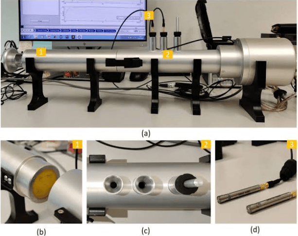 The image shows a laboratory impedance tube system with microphones and a sound source used to measure the acoustic impedance and sound absorption of acoustical materials according to ASTM C384.