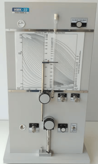The image shows a laboratory air permeability apparatus used to estimate the average particle size of alumina and silica powders according to ASTM C721.