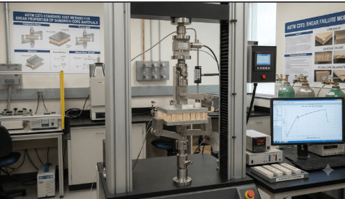 The image shows a universal testing machine evaluating the shear properties of sandwich core materials using bonded loading plates according to ASTM C273.
