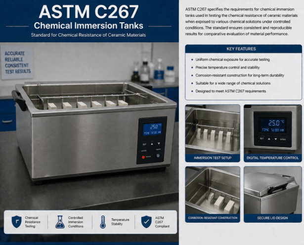 This image shows a chemical exposure container used to expose specimens to a selected test medium during ASTM C267 chemical resistance testing.