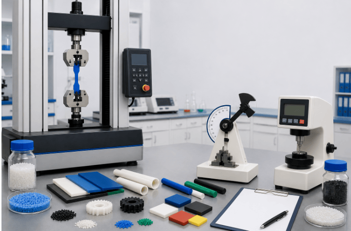The image shows a universal testing machine, pendulum impact tester, hardness tester, and plastic specimens used for comprehensive plastic material testing and quality evaluation.