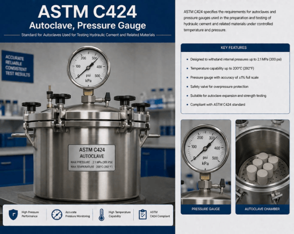 This image shows an autoclave equipped with a pressure gauge used for ASTM C424 crazing resistance testing of fired glazed whitewares.