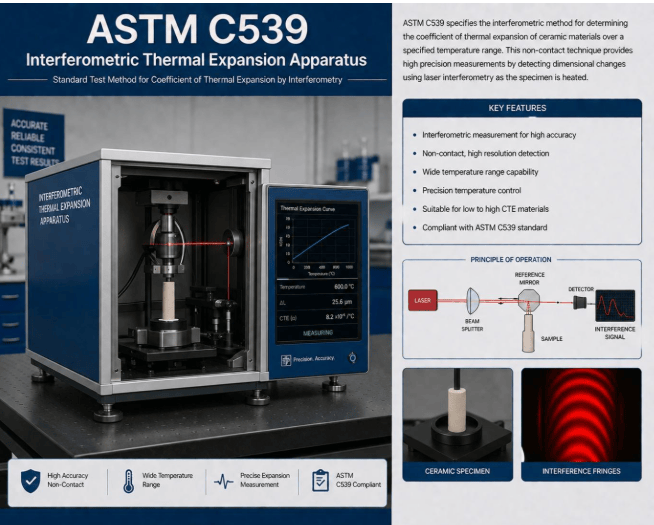 This image shows an interferometric thermal expansion apparatus measuring the coefficient of thermal expansion of ceramic materials with high precision according to ASTM C539.