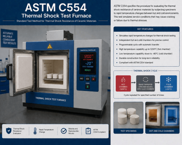 This image shows a thermal shock test furnace exposing glazed ceramic specimens to rapid temperature changes to evaluate crazing resistance and thermal shock performance according to ASTM C554.