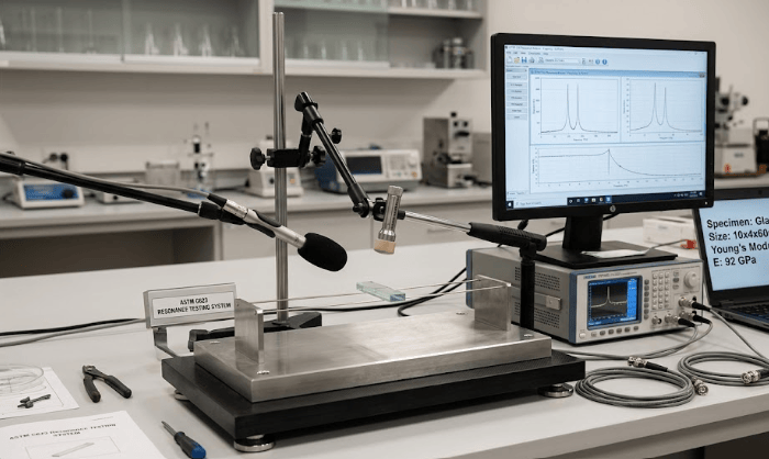 The image shows a sonic resonance apparatus testing system used to determine the elastic properties of glass according to ASTM C623.