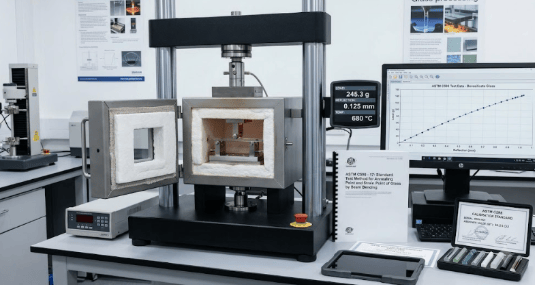The image shows a beam-bending viscometer evaluating the annealing point and strain point of a glass specimen under controlled heating conditions according to ASTM C598.