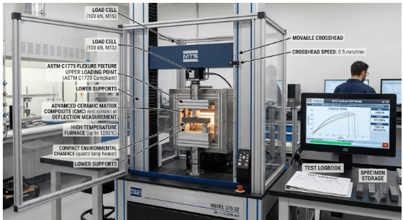 The image shows a universal testing machine evaluating the monotonic axial tensile behavior of continuous fiber-reinforced advanced ceramic tubular specimens according to ASTM C1773.