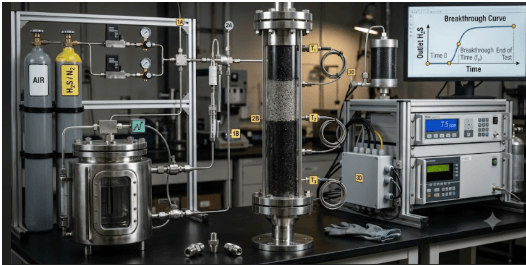 The image shows a laboratory hydrogen sulfide breakthrough testing system used for ASTM D6646 testing.