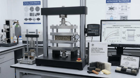 The image shows a universal testing machine used to evaluate physical properties of flexible cellular rubber in accordance with applicable ASTM D1056 test procedures. 