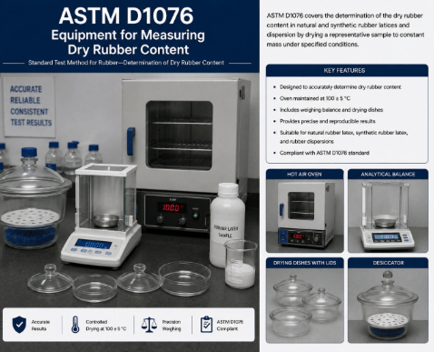 This image shows laboratory equipment used to determine dry rubber content in natural and synthetic rubber latex as per ASTM D1076.