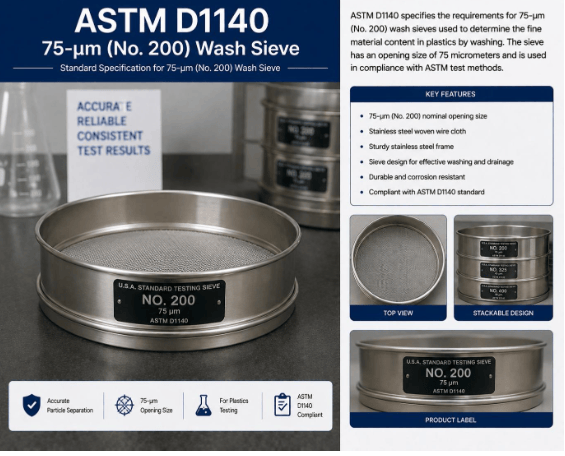 This image depicts a 5-μm No. 200 wash sieve used to determine fine material content through washing in accordance with ASTM D1140.