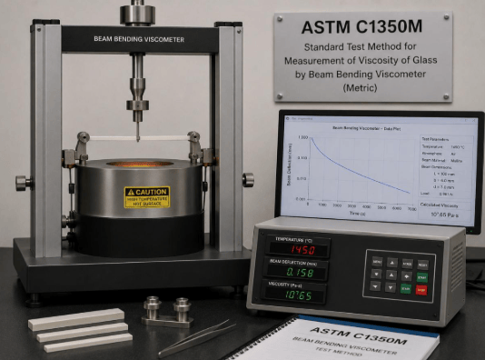 This image depicts a beam bending viscometer measuring the viscosity of glass specimens at elevated temperatures according to ASTM C1350M.