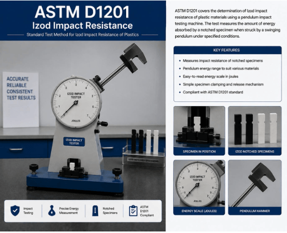 This image shows pendulum impact testing equipment used to evaluate the impact resistance of plastic specimens as per ASTM D1201.