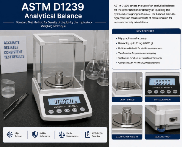 This image shows an analytical balance used to measure the mass of plastic-film specimens before and after chemical exposure for ASTM D1239 testing.