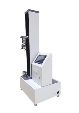 The image shows a universal testing machine that is used to apply controlled flexural force to a glass specimen to determine its modulus of rupture according to ASTM C158.