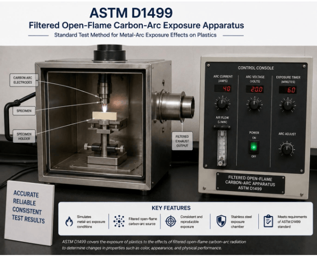 This image shows a filtered open-flame carbon-arc exposure apparatus used to evaluate the effects of carbon-arc radiation on plastics in accordance with ASTM D1499.
