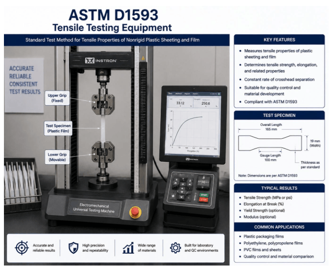 This image shows a universal testing machine used to determine the tensile properties of nonrigid plastic sheeting and film as per ASTM D1593.