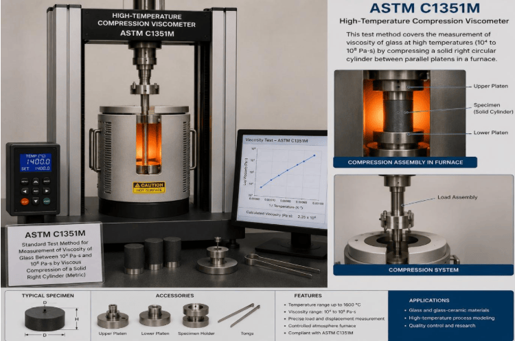  The image shows a high-temperature compression viscometer measuring the viscosity of glass using solid cylindrical specimens under compressive loading as per ASTM C1351M.