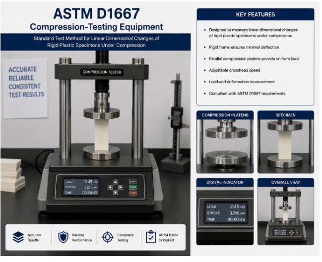 This image shows a universal testing machine with a compression fixture used to measure linear dimensional changes in rigid plastic specimens under compression in accordance with ASTM D1667.