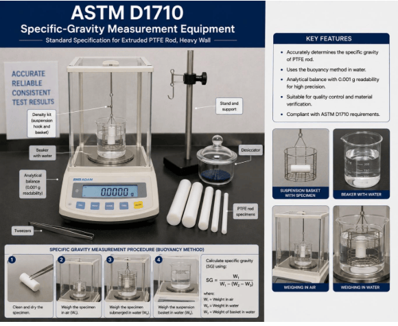 This image shows an analytical balance with hydrostatic weighing used to determine the specific gravity of extruded PTFE rod by the buoyancy method