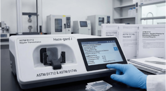 The image shows an ASTM D1712 spectrophotometer used to evaluate the sulfide staining resistance of plastic specimens. 