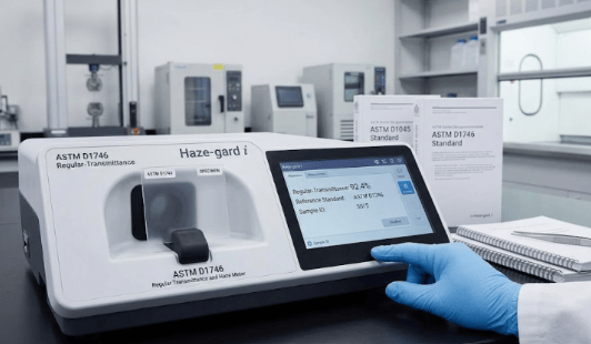 The image shows a haze meter measuring the regular transmittance of a transparent plastic sheeting specimen according to ASTM D1746.