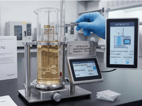  The image shows a graduated cylinder apparatus used to measure the apparent bulk density of poly(vinyl chloride) resin powder according to ASTM D1755.
