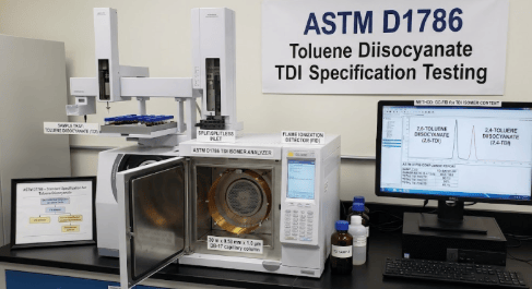  The image shows a gas chromatograph used to determine the isomer content of a toluene diisocyanate sample according to the ASTM D1786 testing requirements.
