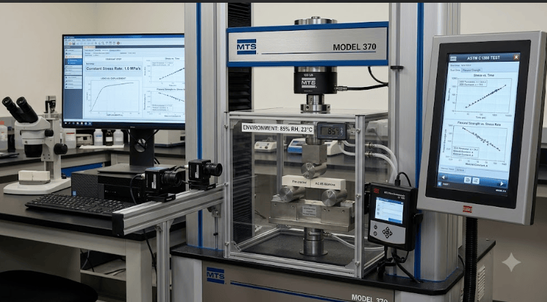 The image shows a universal testing machine evaluating slow crack growth parameters of an advanced ceramic specimen, tested according to ASTM C1368.