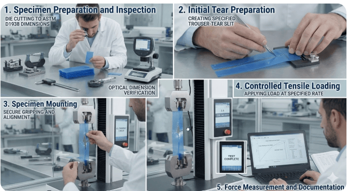 The image shows a universal testing machine applying tensile force to a trouser-tear specimen to measure the tear-propagation resistance of plastic film.