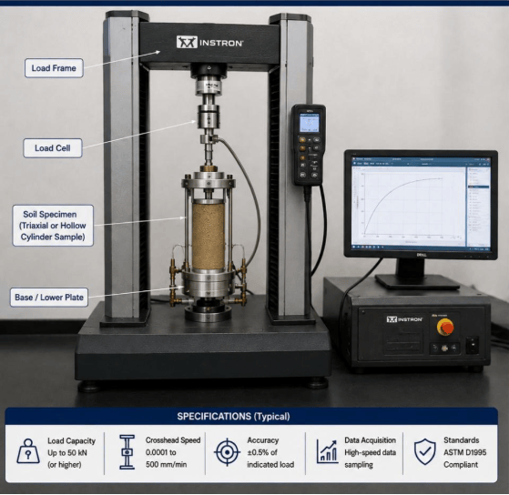  This image shows a universal testing machine used for mechanical testing according to ASTM D1995.