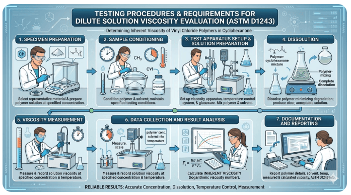 The image shows a laboratory preparing and measuring a vinyl chloride polymer solution in cyclohexanone to determine dilute solution viscosity according to ASTM D1243.