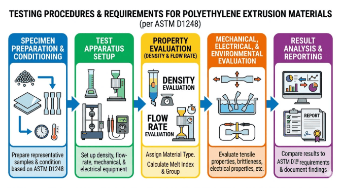 The image shows laboratory equipment evaluating polyethylene extrusion material specimens for wire and cable applications according to ASTM D1248.