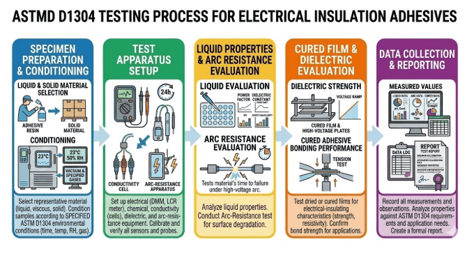The image shows laboratory equipment evaluating an adhesive specimen for electrical insulation performance according to ASTM D1304.
