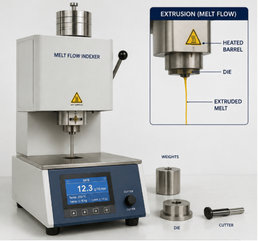 This image shows a melt flow indexer used for FEP resin molding and extrusion materials according to ASTM D2116.