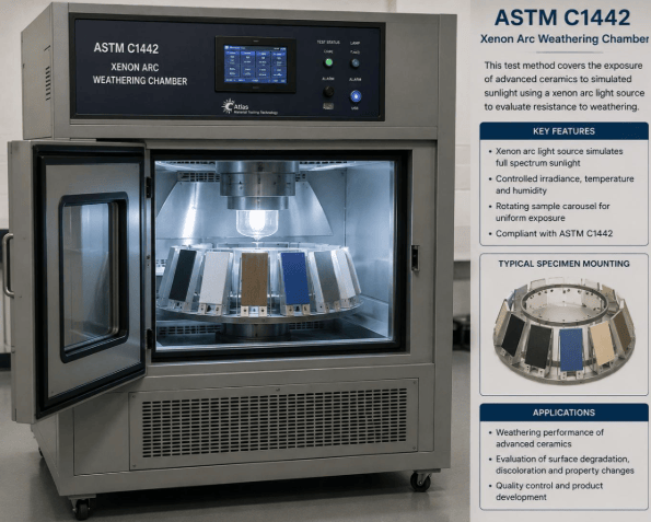 The image shows a xenon arc weathering chamber exposing sealant specimens to simulated sunlight, heat, and moisture according to ASTM C1442.