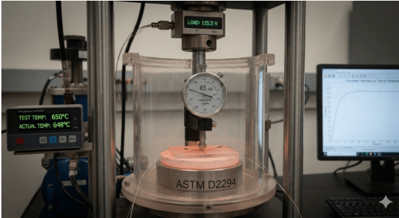 This image depicts a durometer hardness tester used for mechanical testing according to ASTM D2287.