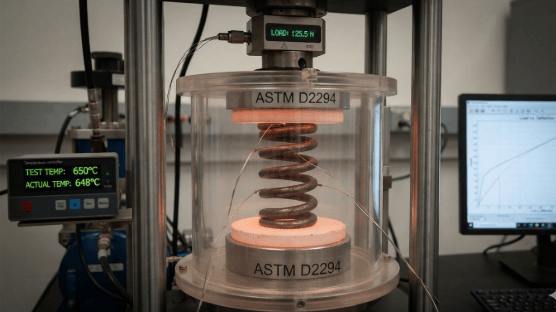 This image depicts a high-temperature-resistant spring used for mechanical testing according to ASTM D2294.