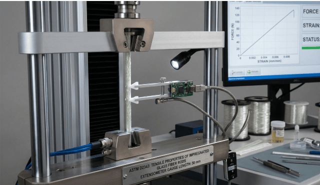 This image depicts a universal testing machine used for mechanical testing according to ASTM D2343.
