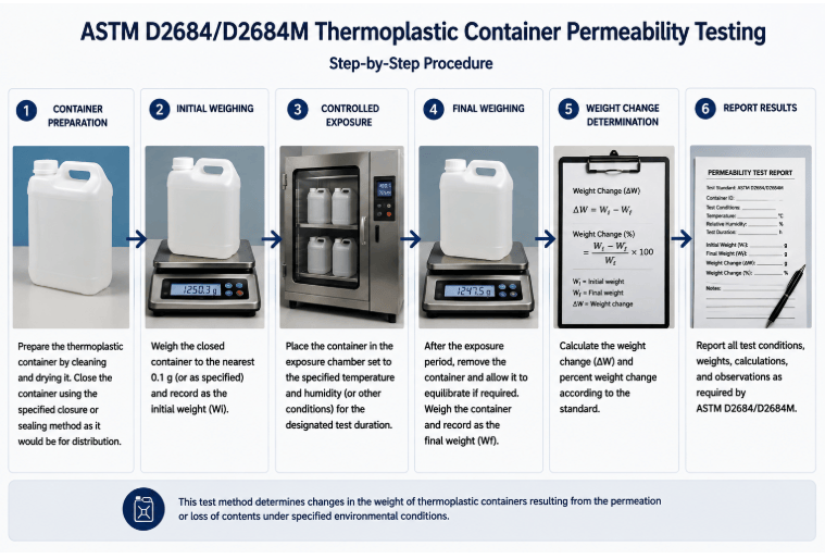  Thermoplastic containers undergoing controlled exposure and weight measurements for permeability evaluation according to ASTM D2684/D2684M.